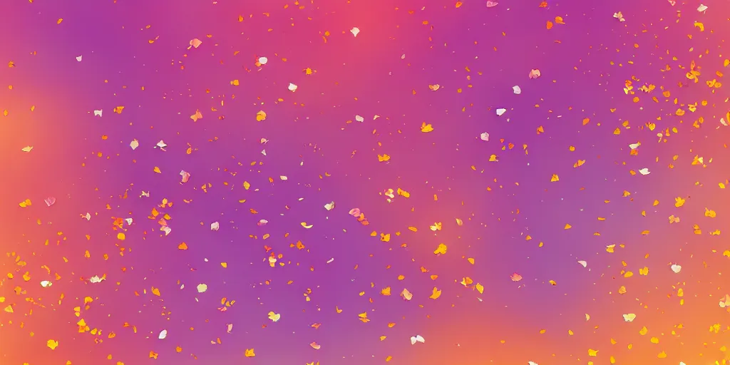 Image similar to background art of spaciously scattered flower petals flowing and flowing through the air from left to right on a simple sunset background, large individual rose petals, large triangles, polygonal fragments, anime, artgerm, manga, trending on artstation, art nouveau, mature color scheme