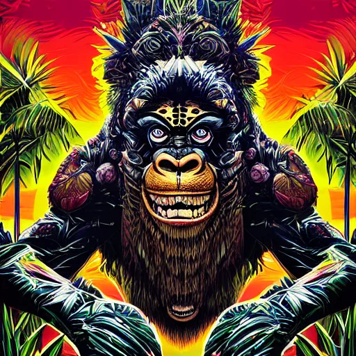 Image similar to barong family member, wiwek, mara demon, abstract, surreal, miami palm tree leaves, wild cat eyes, one single tribe member, jungle, one single mask, dark, ancient warrior, gorilla, king kong, scale skin, tribal, inner glow, art by dan mumford and justin gerard