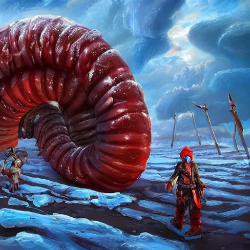 Image similar to a giant jello worm attacks warriors in a icy desert, ice, snow, cold, by the tony sart, artstation