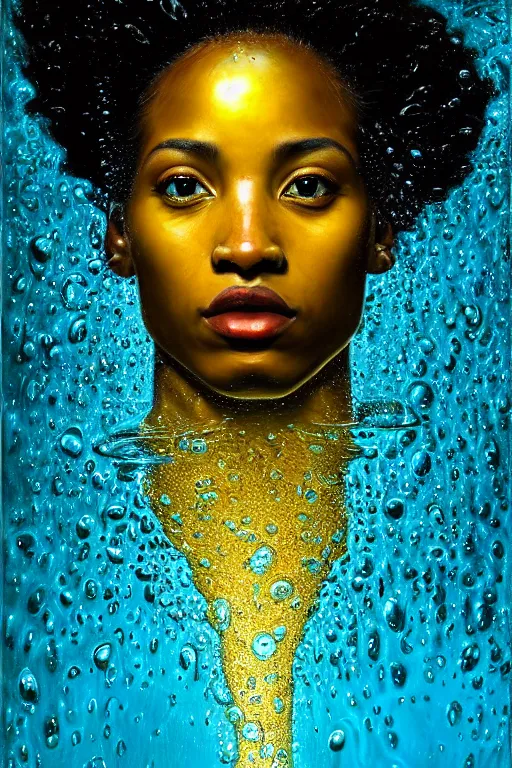 Image similar to hyperrealistic precisionist cinematic profile very expressive! oshun goddess, in water! john everett millais, mirror dripping droplet!, gold flowers, highly detailed face, digital art masterpiece, smooth eric zener cam de leon, dramatic pearlescent turquoise light on one side, low angle uhd 8 k, shallow depth of field