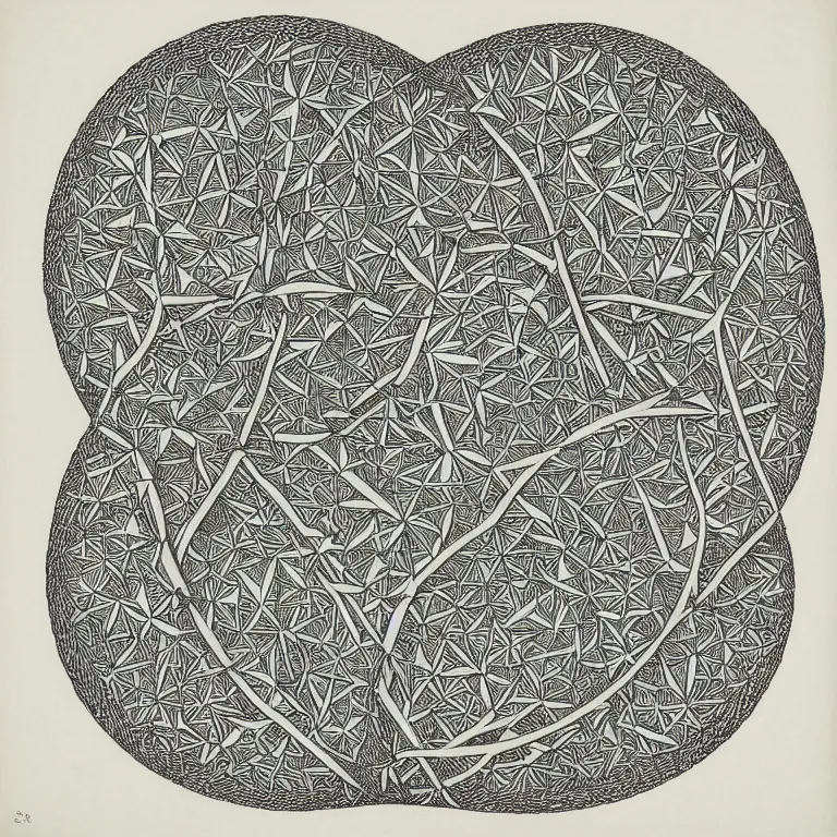 Image similar to “Möbius tree, geometric botanic art by M.C. Escher, symmetry, engraving, 1961”