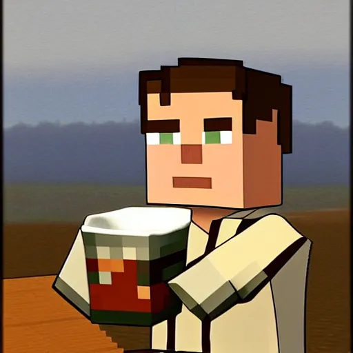 Image similar to minecraft steve holding a small china cup with steam coming out of tea, romanticism style, detailed facial proportions