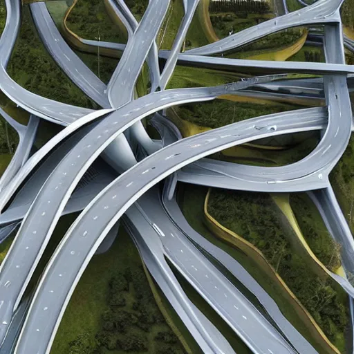 Prompt: a complicated highway interchange designed by Zaha Hadid