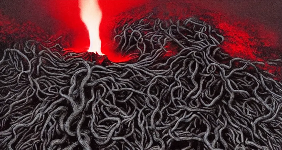 Prompt: a volcano made of ivory vines and crimson rocks enters in eruption, it spits a smoke in the shape of demonic eye, by Gottfried Helnwein