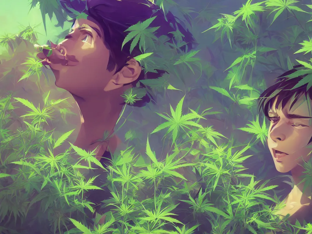 Image similar to kid with green purple flowers of marijuana hemp cannabis, behance hd by jesper ejsing, by rhads, makoto shinkai and lois van baarle, ilya kuvshinov, rossdraws global illumination, golden ratio, symmetrical beauty face