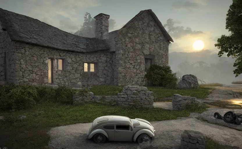 Image similar to a vw beetle parked near a small medieval stone house at sunrise, concept art, octane render, unreal engine 5, trending on artstation, high quality, 8 k, soft lighting, path traced, hyperrealistic, highly detailed, digital art, symmetrical, cinematic, high coherence, godrays