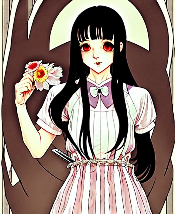 Image similar to portrait of a morbid 18 year old young woman wearing a cottage-core aesthetic dress with straight silky black hair, in a butcher shop, queen of sharp razor blades, in the style of Range Murata and by Alphonse Mucha and by Katsuhiro Otomo.