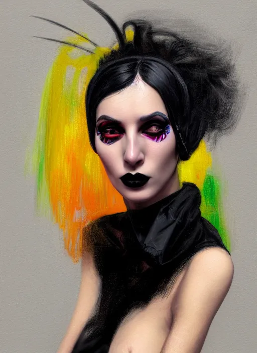 Image similar to portrait of an israeli woman with a crooked nose and a confident expression, 1 9 6 0 s, black clothes, goth, punk, brightly coloured hair, funk, intricate, elegant, highly detailed, digital painting, artstation, concept art, smooth, sharp focus, illustration, art by wlop, mars ravelo and greg rutkowski