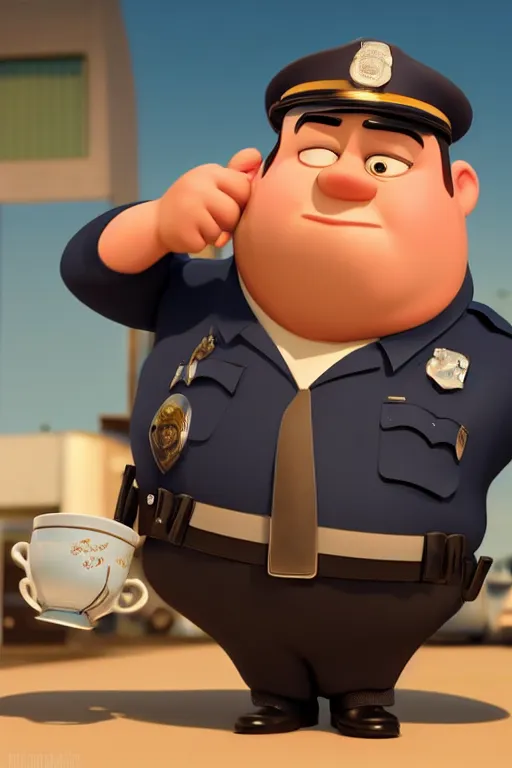 Prompt: a fat police officer holding a cup of coffee with the police car in background, full body. pixar disney 4 k 3 d render funny animation movie oscar winning trending on artstation and behance, ratatouille style