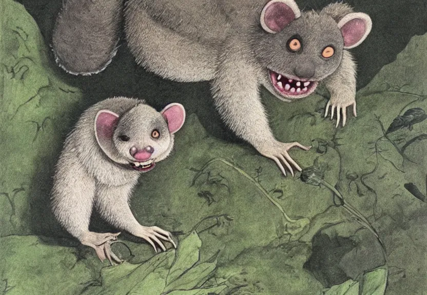 Image similar to possum monster in the wild, colorized, high detail, by Maurice Sendak