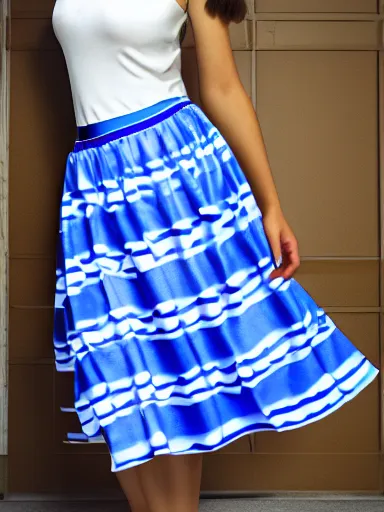 Image similar to studio photograph of a beautiful skirt, blue and white color scheme, vivid colors, photorealist, 4 k