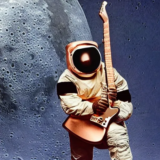 Prompt: a hard-hat suit/standard diving dress/copper hat equipment/ heavy gear holding a stratocaster electric guitar on the moon