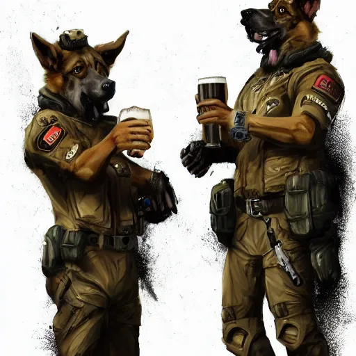 Image similar to two humanoid german shepherds beast - men in military style, they holding a beer, artstation, concept art, smooth, sharp foccus ilustration, artstation