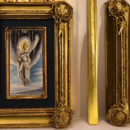 Prompt: devil and angel paintings, old gold - plated frame, cinematic, ufo in the background