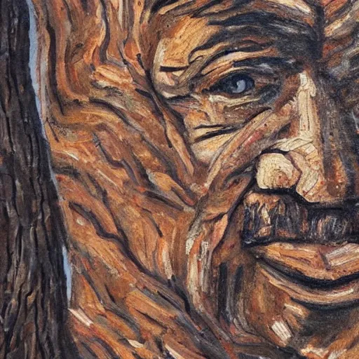 Image similar to A painting of an oak tree, with the face of an old bearded man, close up portrait of a human face made out of bark in a tree