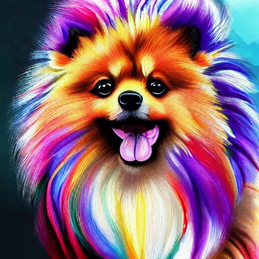 Prompt: portrait of a cute fluffy pomeranian dog with long colorful flowing lion mane with mohawk hairstyle hybrid animal detailed painting 4 k