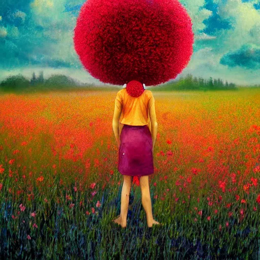 Image similar to girl with afro made of red flower, standing in a field with flowers, surreal photography, hills, big trees, sunrise dramatic light, impressionist painting, colorful clouds, digital painting, pointillism, artstation, simon stalenhag