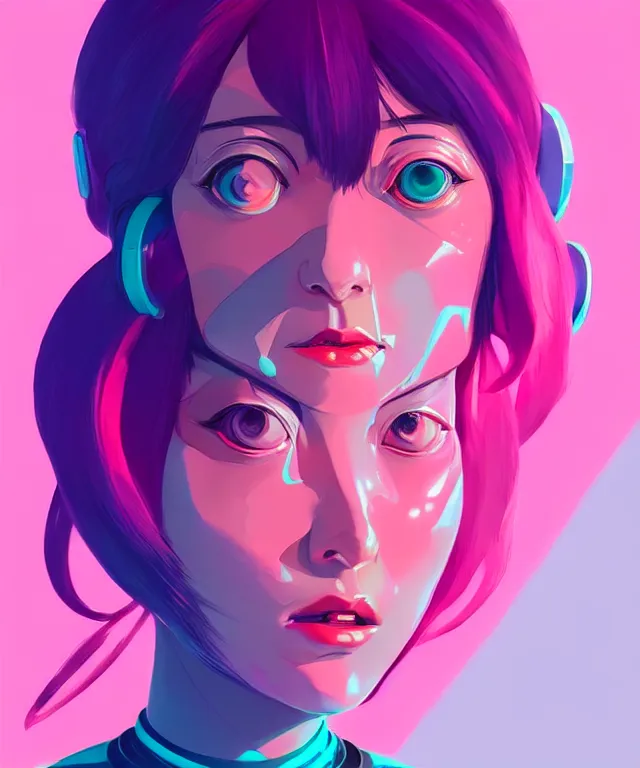 Prompt: beautiful portrait of momo from twice as a sci fi woman, with chaotic vaporwave aesthetic half human half robot, concept art by james gilleard, artstation, cgsociety, synchromism, 8 0 s animation flat cell shaded. with thick black pencil lines!!!!