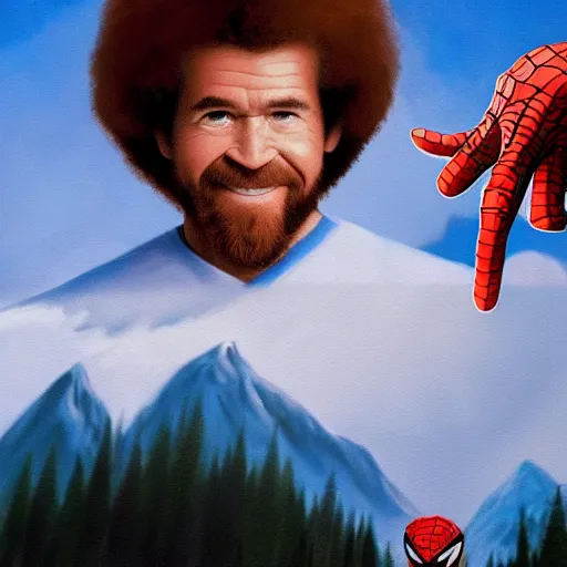 Image similar to a closeup photorealistic photograph of bob ross working on a canvas painting of spiderman. film still. brightly lit scene. mountains and trees. this 4 k hd image is trending on artstation, featured on behance, well - rendered, extra crisp, features intricate detail, epic composition and the style of unreal engine.