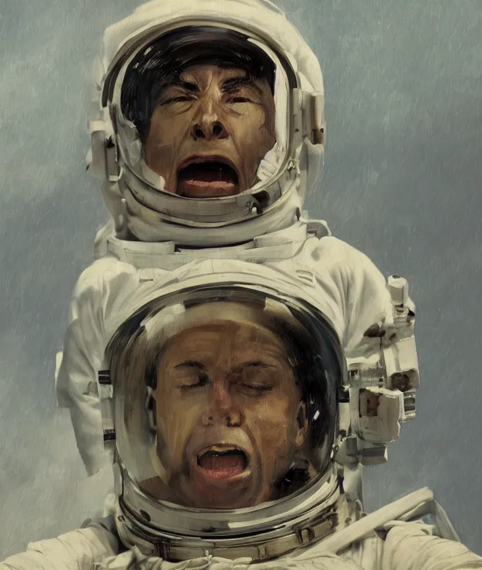 Prompt: a close up portrait painting of a man in an astronaut suit, the man is screaming and sad, highly detailed facial details, face close up, aesthetic architecture in the background, in the style of edward hopper, fine brush strokes, 4 k,