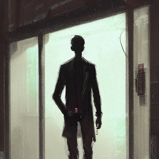 Image similar to concept art by greg rutkowski, a very tall and slender young man walking through the interior of a brutalist looking neighborhood full of holograms and shops while he smokes a cigarette, ambient lighting in neon tones, scifi, highly detailed portrait, digital painting, artstation, concept art, smooth, sharp foccus ilustration, artstation hq