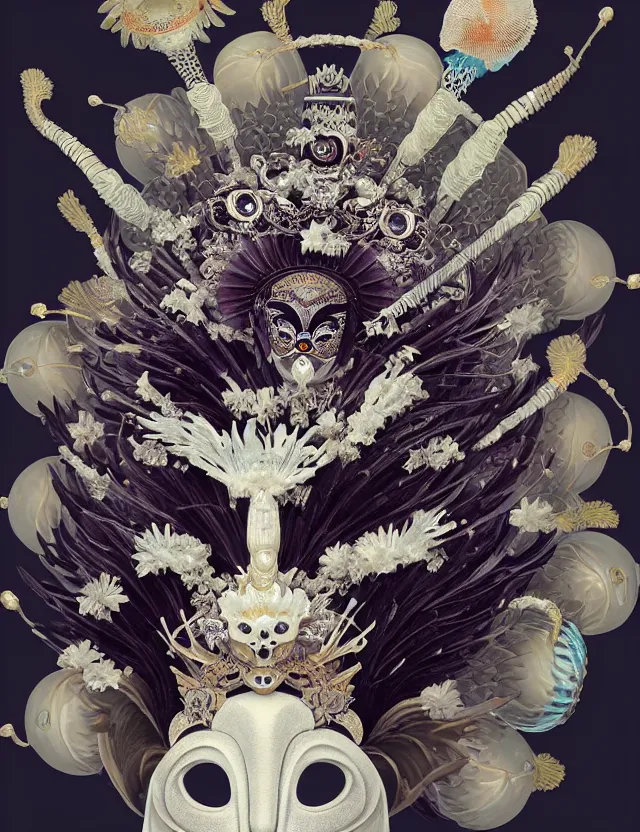 Image similar to goddess macro close - up portrait with crown and mask made of ram skull. beautiful intricately detailed japanese crow kitsune mask and clasical japanese kimono. betta fish, jellyfish phoenix, bioluminescent, plasma, ice, water, wind, creature, artwork by tooth wu and wlop and beeple and greg rutkowski