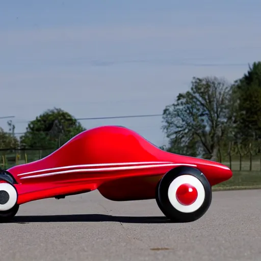 Prompt: 1950s red sporty electric flying hovercar 35mm 8k product photo