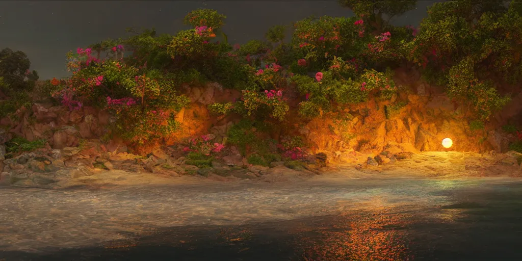 Image similar to a single glittering fairy beach cove at night, a full moon, water and colorful flowers, extremely detailed oil painting, unreal 5 render, fantasy digital art, octane render, beautiful composition, trending on artstation, award-winning photograph, masterpiece