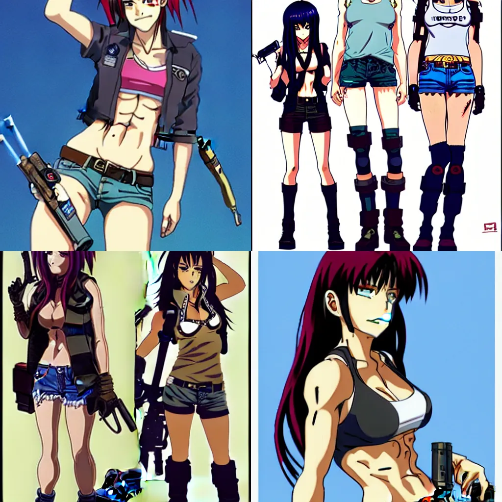 Prompt: Revy from Black Lagoon, anime and manga, smoking a cigarette, Jean shorts boots and white tank top, middle shot, symmetrical face, symmetrical eyes, in the style of Joshua Middleton