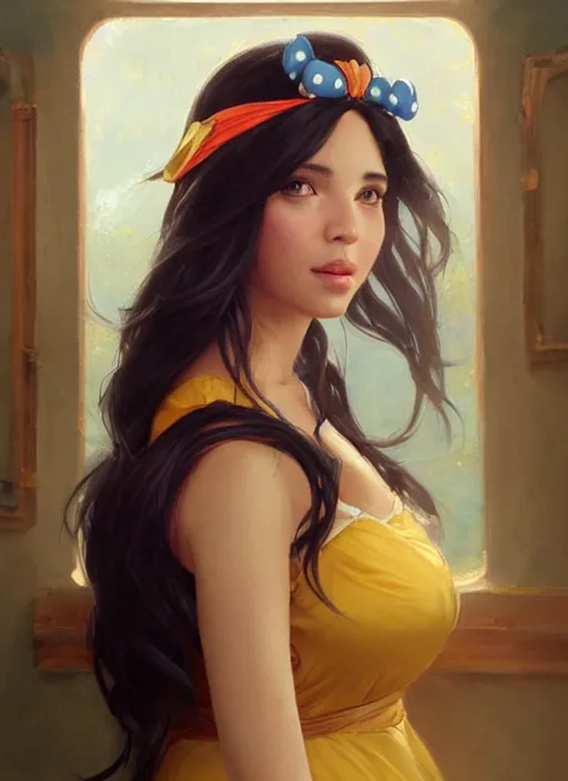 Prompt: beautiful 3 0 year old woman with long black hair, tan skin, curvy hourglass figure, round cute face wearing a colorful disney princess gown with mickey mouse ears headband sitting in an armchair. beautiful painting by artgerm and greg rutkowski and bouguereau