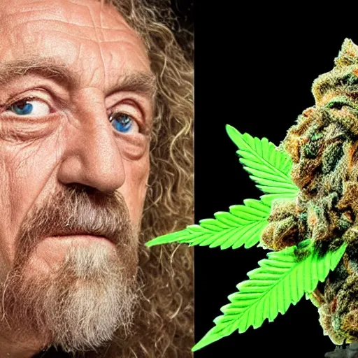 Prompt: robert plant made of marijuana buds and leafs for a head and face 4 k