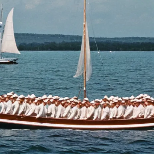 Prompt: photo, a large group of pigs in white sailor costumes sailing on a classic white yacht