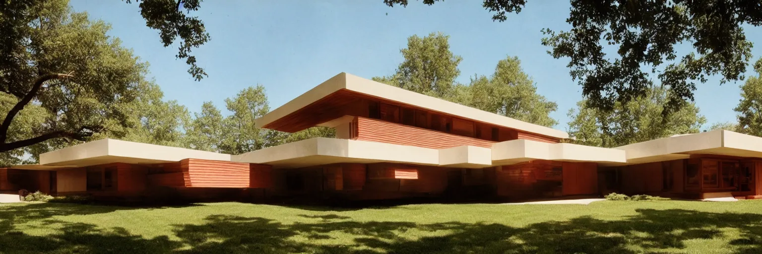 Image similar to midcentury architecture. modernism. wide shot. imagined by frank lloyd wright, photorealistic