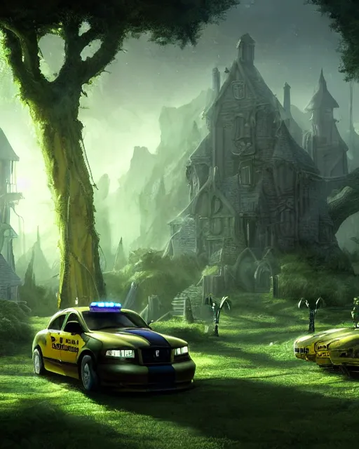 Image similar to xenomorph taxi car in a fantasy village, calming, uplifting mood, ultra realistic, farm, small buildings, highly detailed, atmosphere, masterpiece, epic lighting, elves, green plants, magic, illuminated, 4 k, cinematic, morning sun, art by eddie mendoza and sylvain sarrailh and jonathan berube