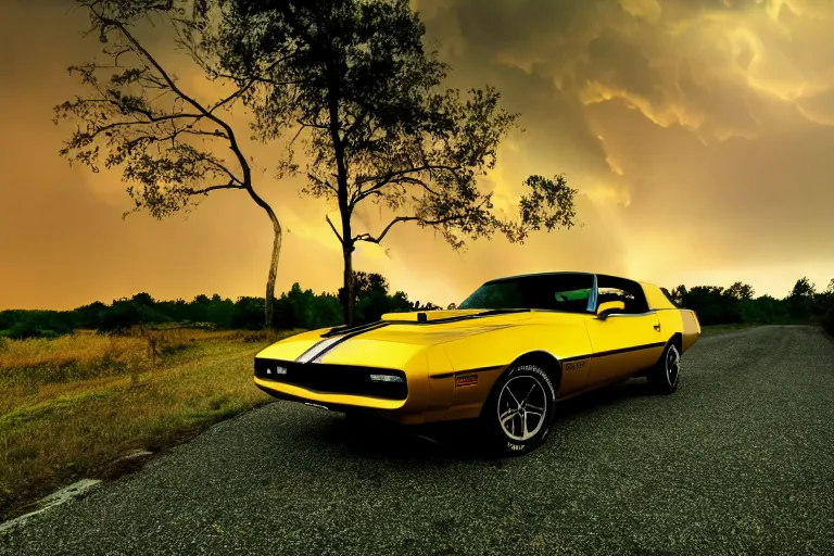 Prompt: pontiac firebird with glowing paint, sunrise, eerie light, fireflies, dog watching the car, dramatic, cinematic, forest, sunbeams, volumetric lighting, wide shot, low angle, lightning storm hitting the car