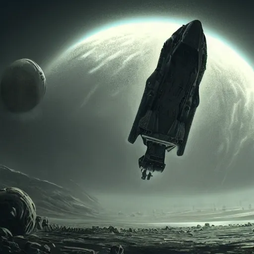 Image similar to a photorealistic picture of big spaceship landed on a dark planet, lot of details, greeble and nurnies, in the style of Nostromo, dark mood, cinematic