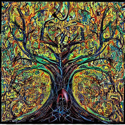 Prompt: the tree of knowledge, the tree of life, amazing art, organic complexity, digital art, incredible details, intrincate details, polygons, smooth network, by jackson pollock and hr giger