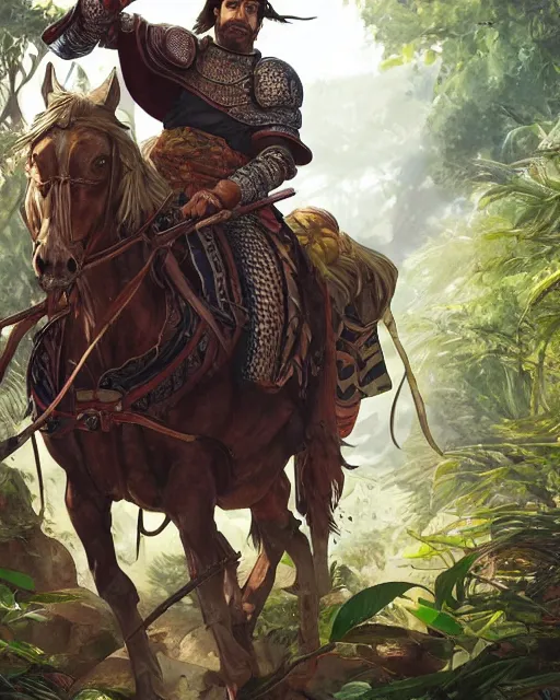 Image similar to detailed portrait of a spanish conquistador riding a horse in a dense jungle, art by clay mann and takeshi obata and greg rutkowski, studio ghibli color cheme, portrait, tarot card, sharp focus, unreal engine, detailed, realistic, face