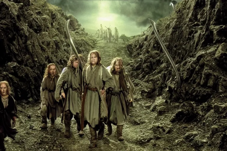 Image similar to movie still from the lord of the rings directed by ridley scott in the style of h. r. giger, frodo and sam leave the shire, dark landscape, cinematic, cinemascope