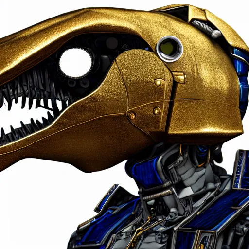 Image similar to photorealistic portrait render of a gangster robot mecha dinosaur wearing a gold chain, in a cyberpunk urban wasteland