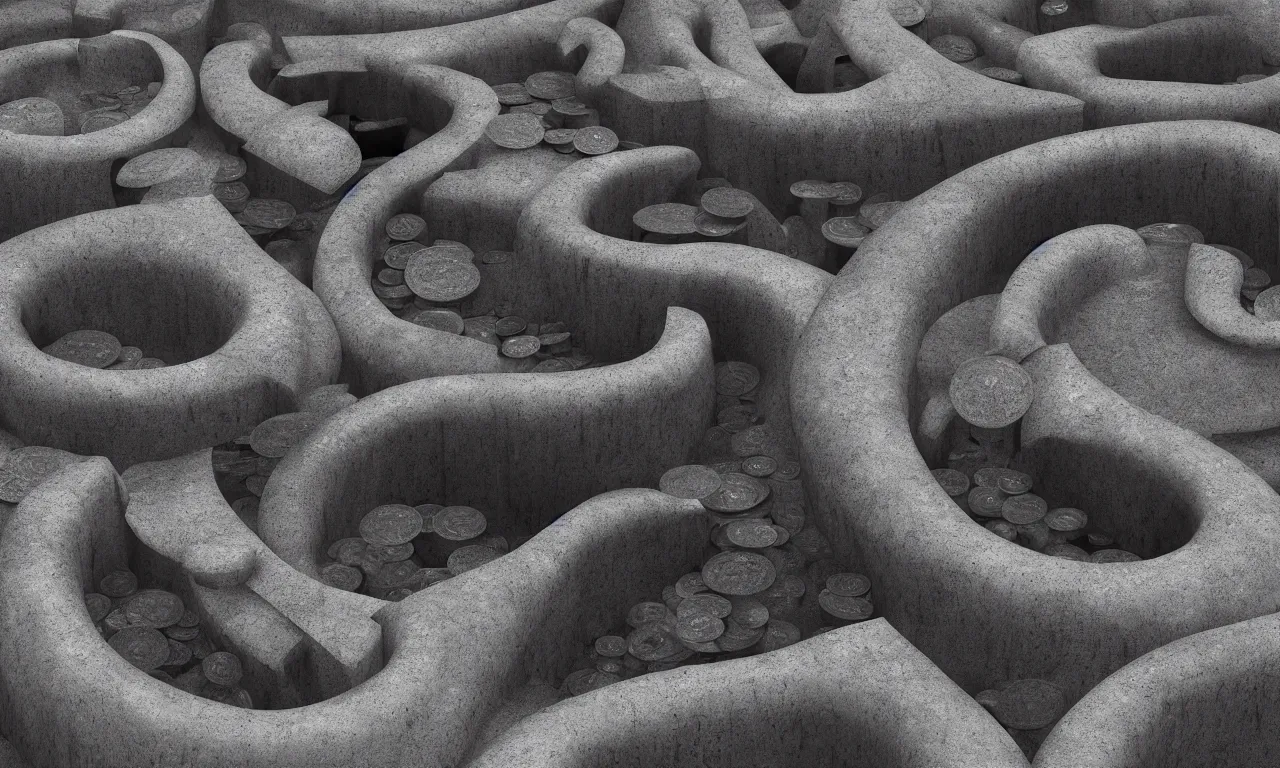 Prompt: a stream of water entering a machine made from organ shaped amphoras and producing a coin in the style of a diagram , 3d render 8k, octane,