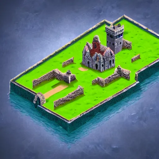 Prompt: an ancient castle in the middle of nowhere,historical,realistic,moat,isometric,sky view