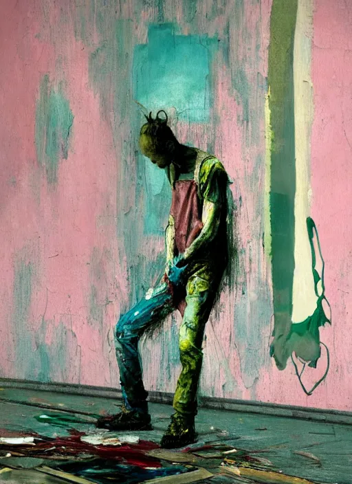 Prompt: an insane, skinny, artist wearing dirty, torn overalls, expressive painting the walls inside a grand messy studio, depth of field, hauntingly surreal, highly detailed oil painting, by francis bacon, edward hopper, adrian ghenie, glenn brown, soft light 4 k in pink, green and blue colour palette, cinematic composition, rendered in octane, masterpiece