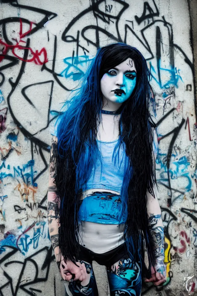 Image similar to a portrait of a grunge emo girl who has blue hair, a nose ring, black nails, fish net leggings, and is outside of a abandoned building with graffiti on it. Shallow depth of field. 4k hyperdetailed. Rendered with octane.