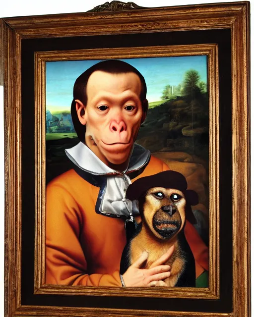 Prompt: goofy monkey and his goofy dog, cross eyed, high detail realistic renaissance portrait painting