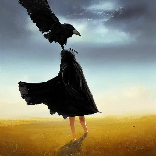 Image similar to morning, a woman in a black dress with a raven head. no face. sun, cinematic, clouds, vogue cover style, contracting colors mood, realistic painting, intricate oil painting, high detail, figurative art, poster art, by simon bisley, ismail inceoglu, wadim kashin, filip hodas. pixar theme.