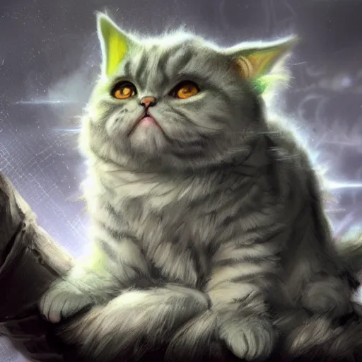 Image similar to scottish fold cat/yoda, magic the gathering artwork, D&D, fantasy, cinematic lighting, centered, symmetrical, highly detailed, digital painting, artstation, concept art, smooth, sharp focus, illustration, volumetric lighting, epic Composition, 8k, art by Akihiko Yoshida and Greg Rutkowski and Craig Mullins, oil painting, cgsociety