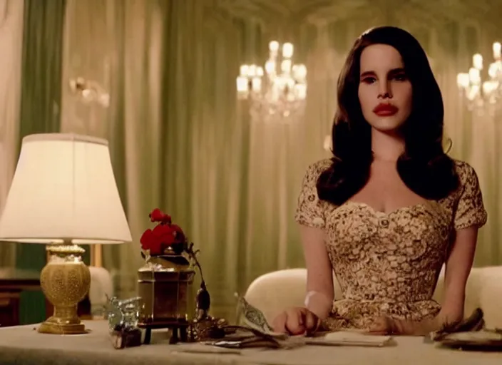 Prompt: Movie still of Lana del Rey wearing Kebaya sitting on a table, directed by Wes Anderson