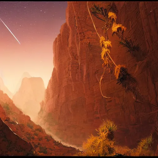 Prompt: the land of canyons and pineapples at night with a starry sky, cinematic, wide angle establishing shot, fantasy, hyperrealism, craig mullins, greg rutkowski, pete morbacher, tuomas korpi, tekkon kinreet, volumetric light, octane render, photorealistic concept art, highly detailed, very intricate