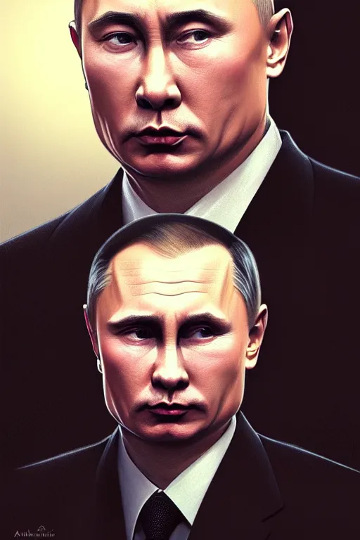 Image similar to vladimir putin with kim jong un hairstyle, realistic portrait, symmetrical, highly detailed, digital painting, artstation, concept art, smooth, sharp focus, illustration, cinematic lighting, art by artgerm and greg rutkowski and alphonse mucha